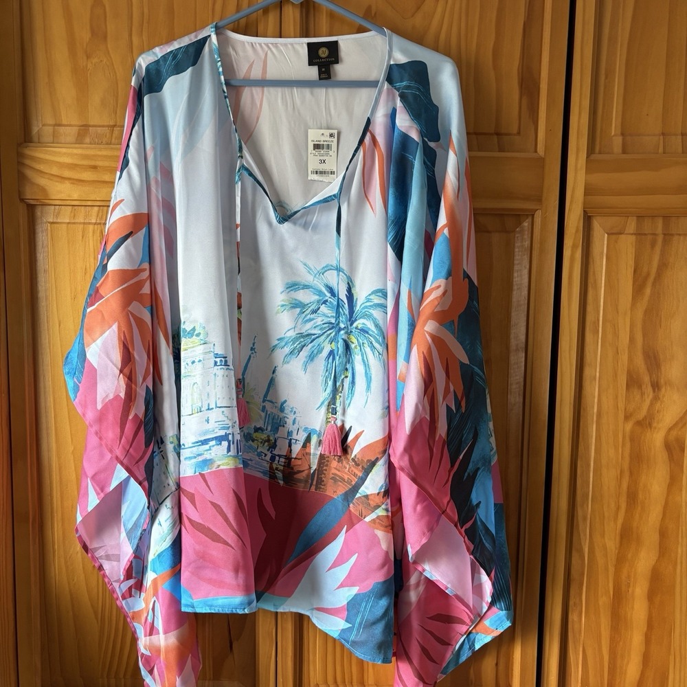 JM Collection Island Breeze Kaftan Tunic Pink Gemstone Tropical Palm 3X New